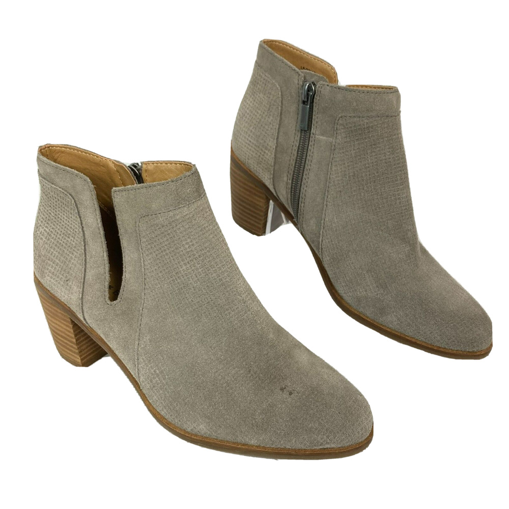 Lucky Brand Boots Womens Sz 8.5 Taupe Gray Suede Leather Heel Ponic Ankle Bootie